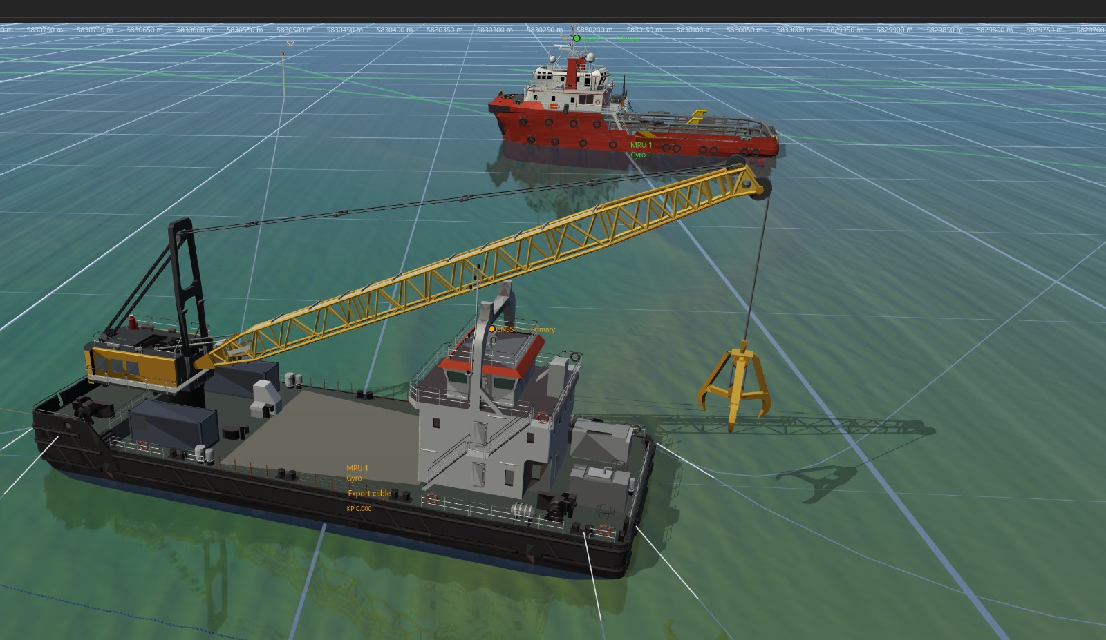 Crane barge and tug positioned in the 3D scene