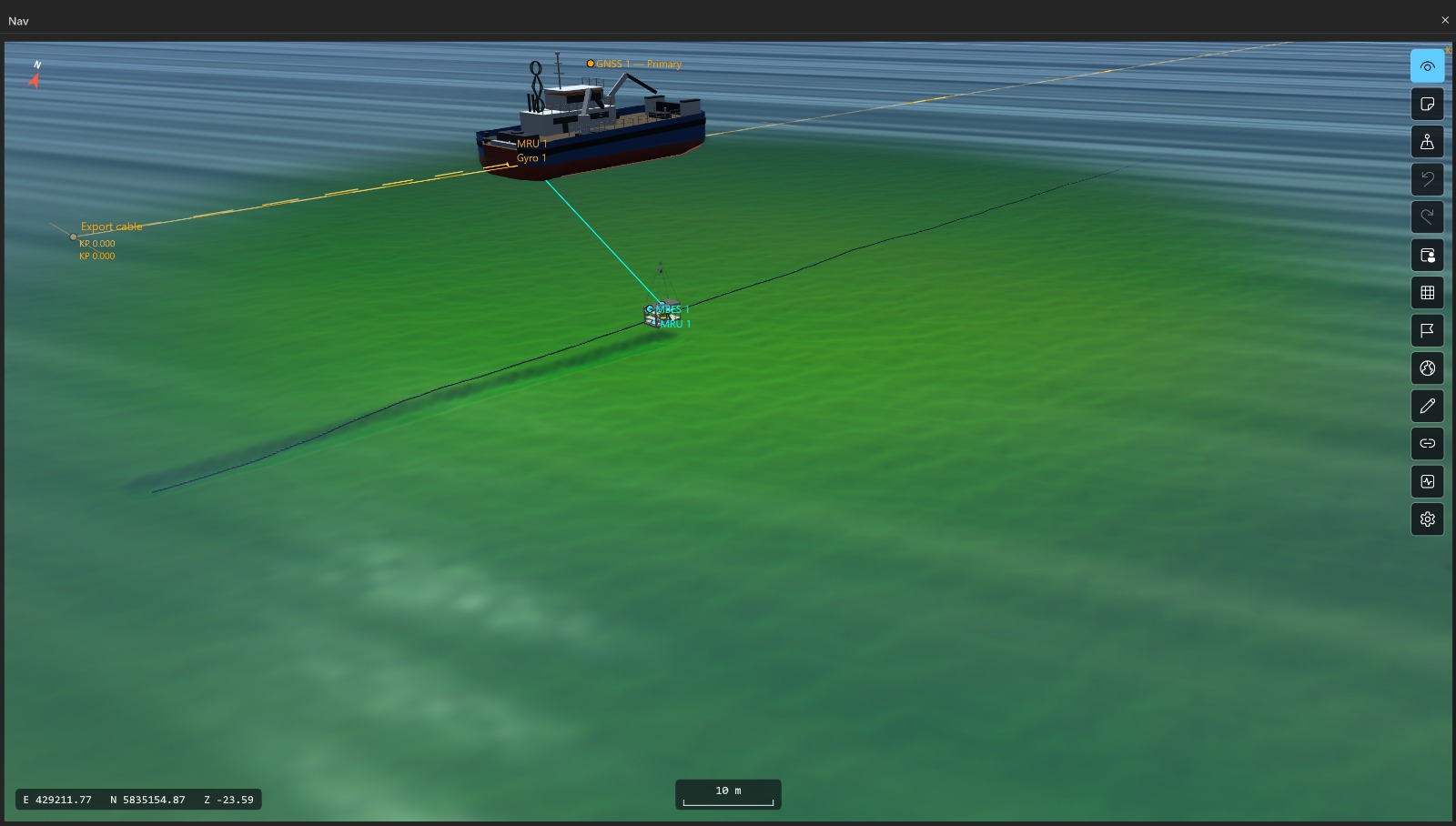 Online 3D scene with vessel, ROV and multibeam over the seabed
