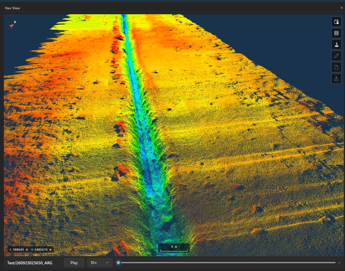 Processing showing a multibeam point cloud of a cable trench